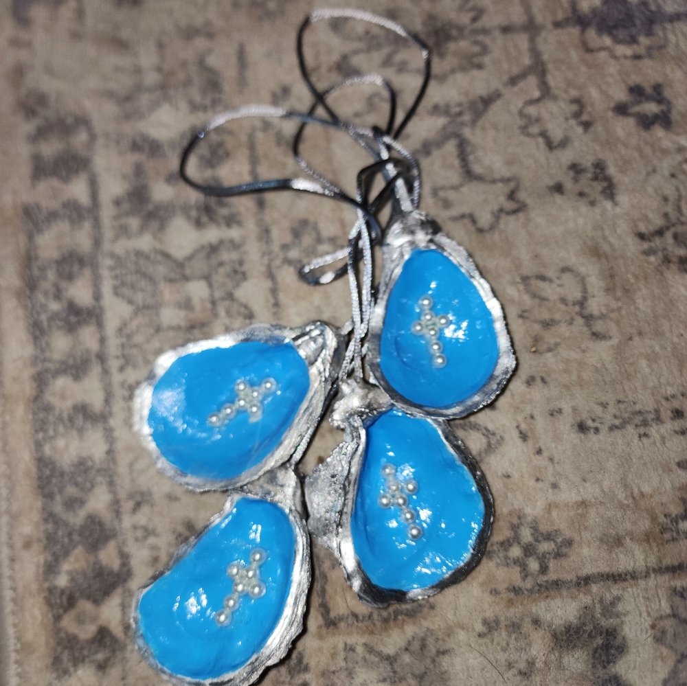 Blue and Silver Oyster Ornaments With Pearl Cross